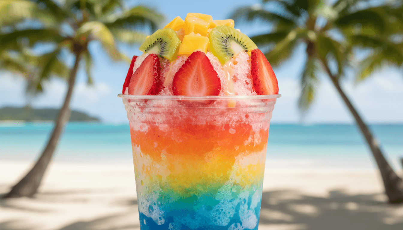 Colorful Hawaiian shave ice with fresh fruit toppings